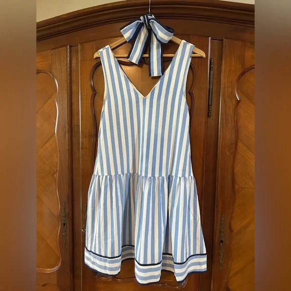 Entro Sky and White Striped V-Neck Dress w/o bows size small - Picture 2 of 5